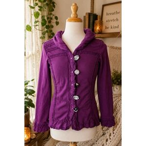 Neon Buddha Purple Ruffle Trim Cardigan Jacket Boho Artsy Yoga Cottagecore Large